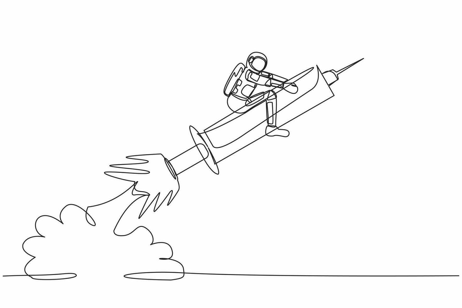 Continuous one line drawing astronaut riding syringe rocket flying in moon surface. Examining the threat of viruses from outer space. Cosmonaut outer space. Single line draw design vector illustration