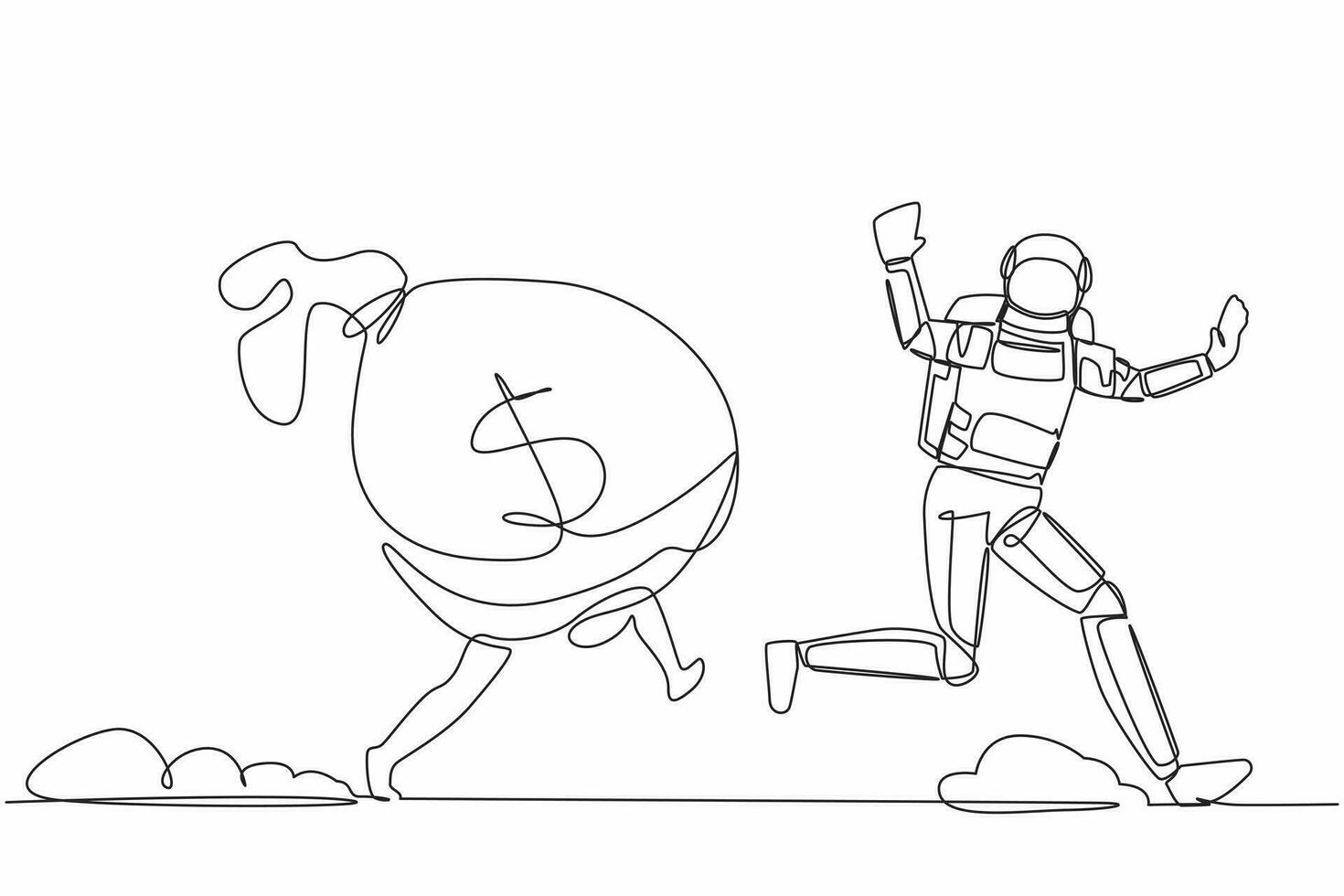 Continuous one line drawing of young astronaut being chased by money bag. Hurry in achieving wealth and profit goals in spaceship company. Cosmonaut outer space. Single line design vector illustration