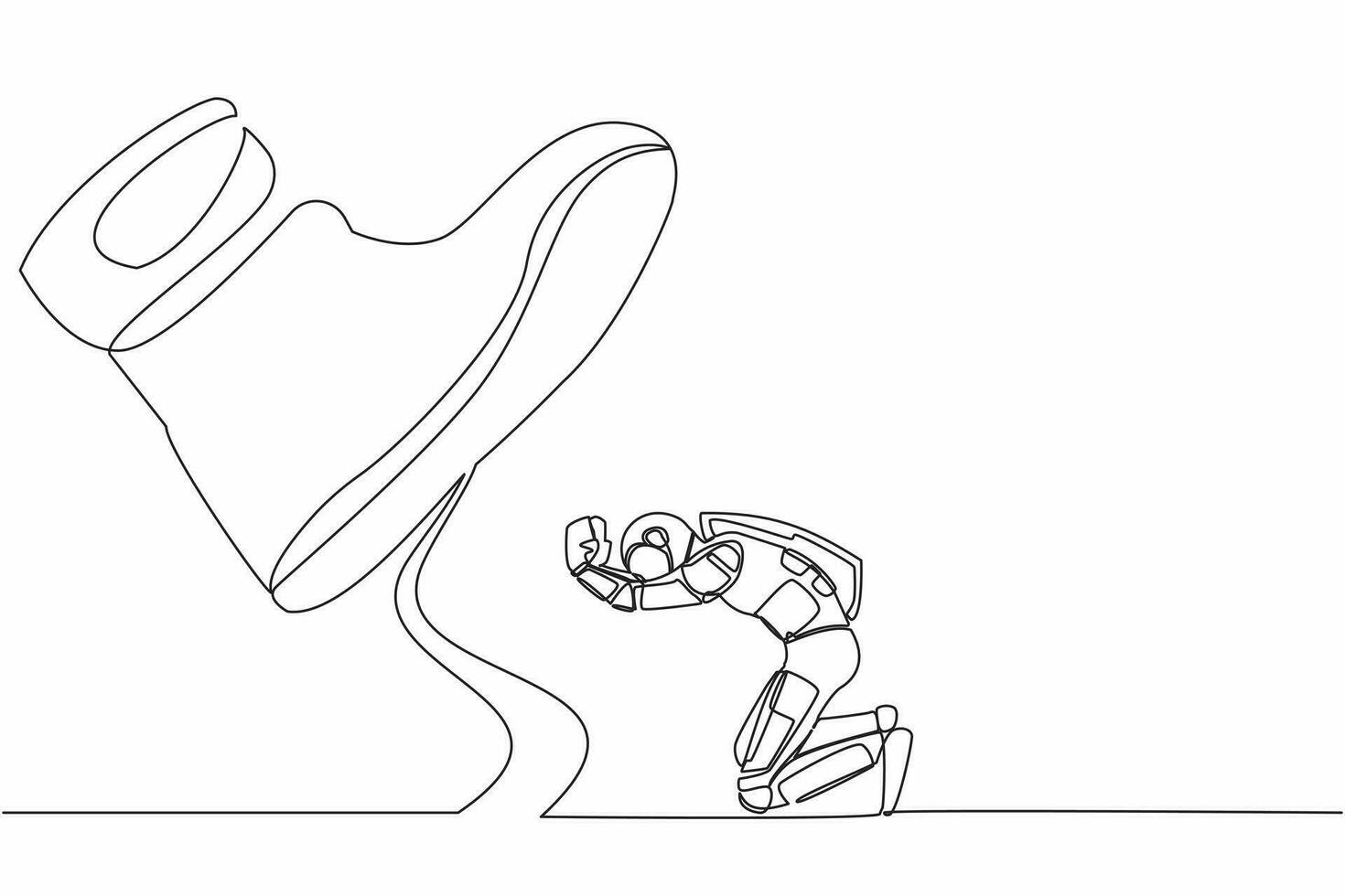 Single continuous line drawing young astronaut kneel down under giant feet. Concept for science authority, exploitation, dictator figure. Cosmonaut deep space. One line draw design vector illustration