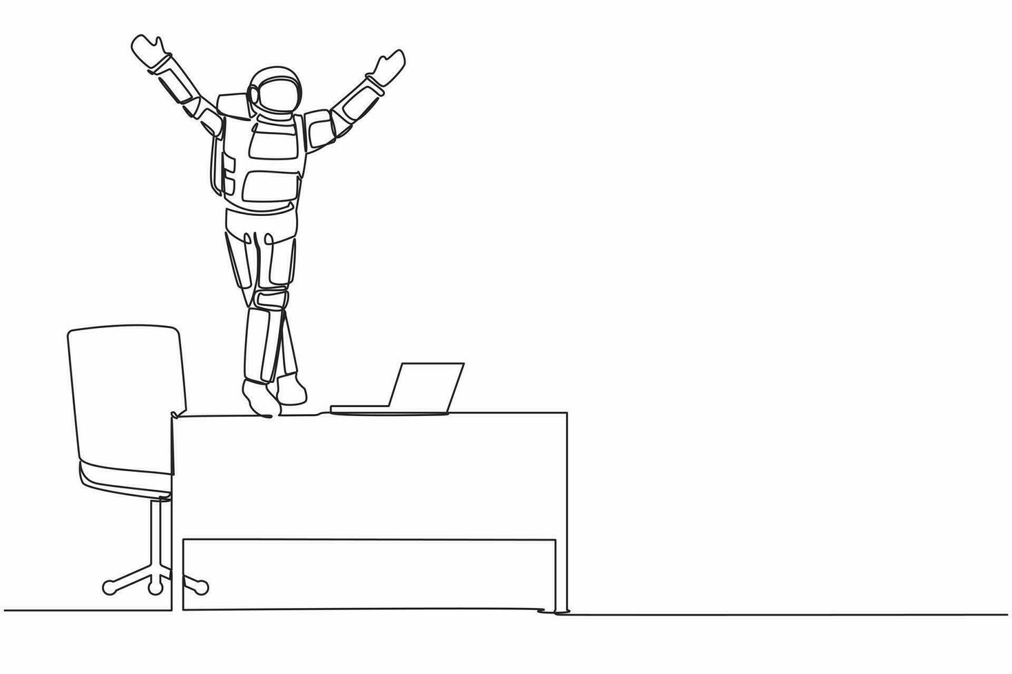 Continuous one line drawing happy young astronaut dancing on working desk and celebrating win spaceship competition. Cosmonaut outer space concept. Single line draw graphic design vector illustration