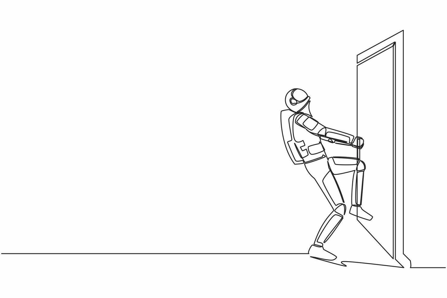 Single one line drawing astronaut pulling closed door knob with power, metaphor to facing problem. Space exploration struggle. Cosmic galaxy space. Continuous line graphic design vector illustration