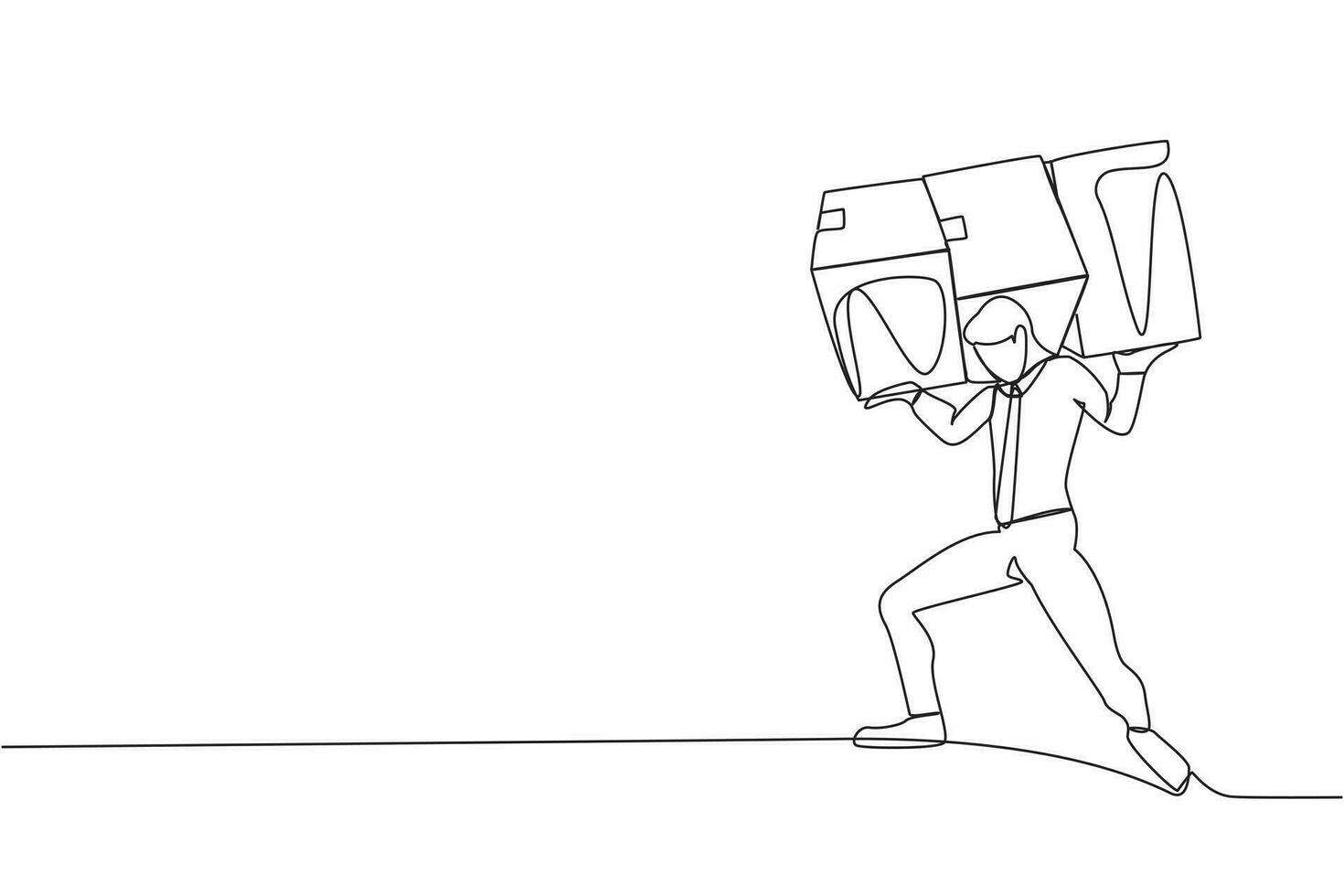 Single continuous line drawing of exhausted businessman carrying heavy pile of boxes on his back. Stress at work. Bureaucracy, paperwork, big data analysis. One line graphic design vector illustration