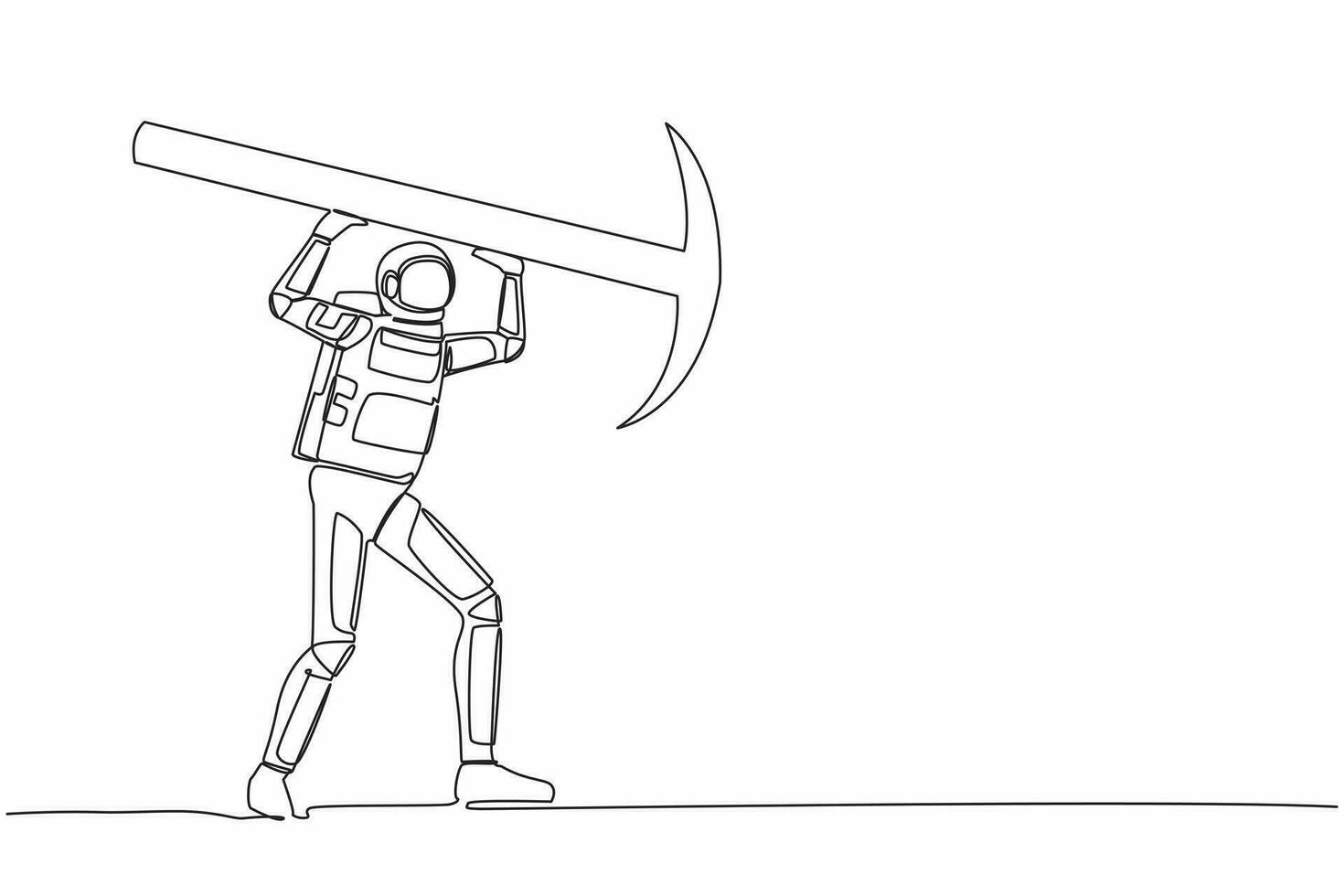 Single continuous line drawing astronaut standing and lifting big pickaxe. Depicts hard work and achievement, in galactic discovery. Cosmonaut deep space. One line graphic design vector illustration