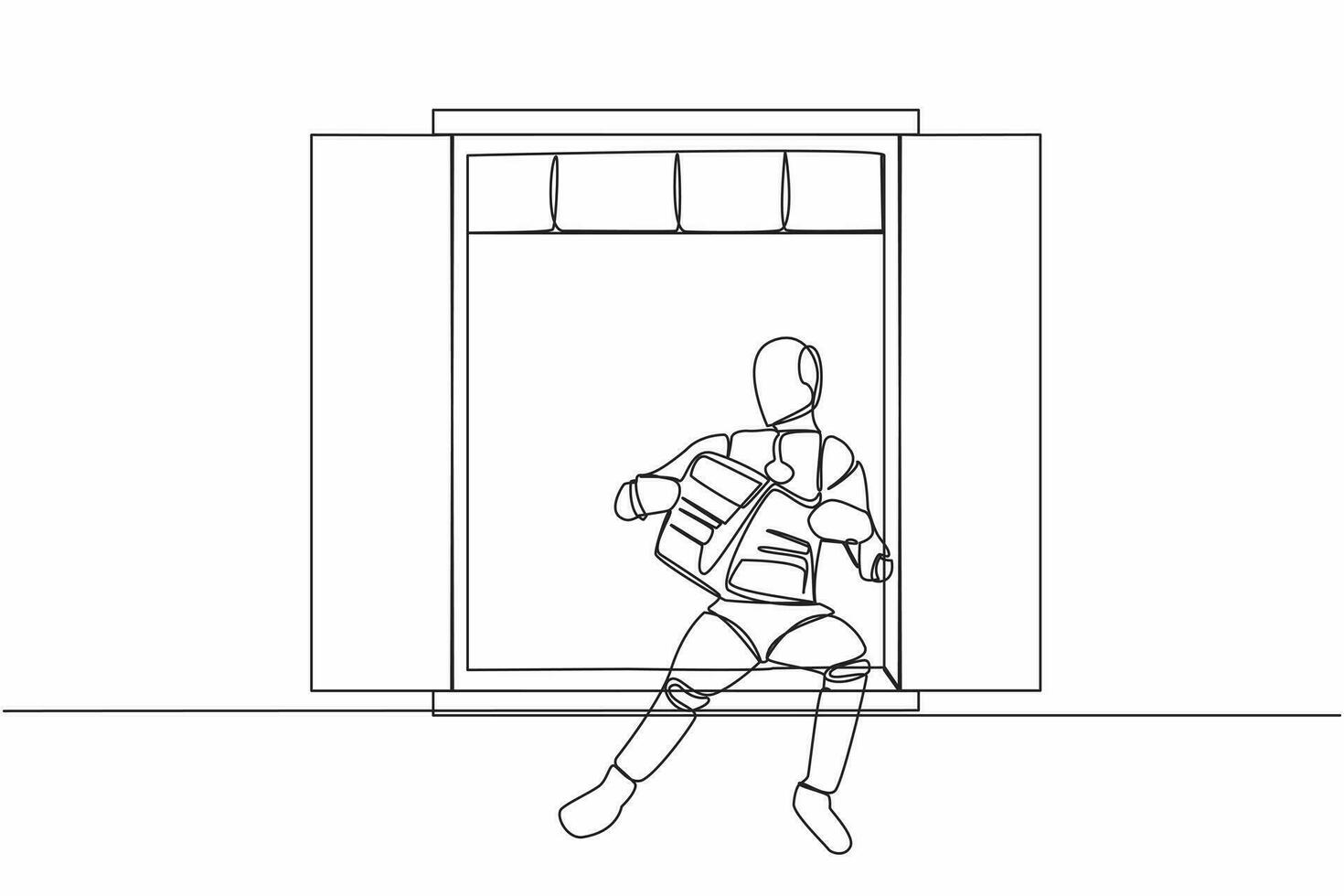 Continuous one line drawing of relaxed robot sitting on windowsill and reads newspaper. Cozy balcony. Humanoid robot cybernetic organism. Future robotic. Single line design vector graphic illustration