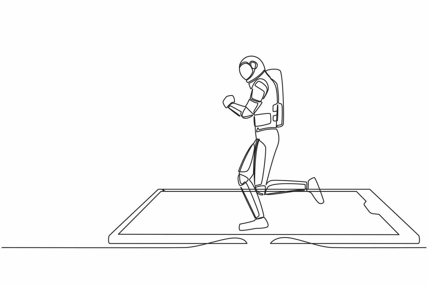 Continuous one line drawing astronaut running on smartphone screen treadmill. Exercise fitness app and sport. Cardio control digital. Cosmonaut outer space. Single line draw design vector illustration