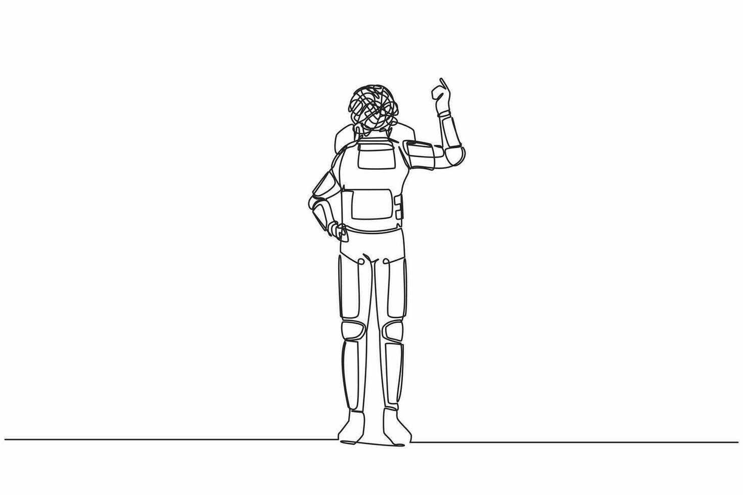 Single one line drawing astronaut with round scribbles instead of head, showing index finger, representing idea, solution. Cosmic galaxy space. Continuous line draw graphic design vector illustration