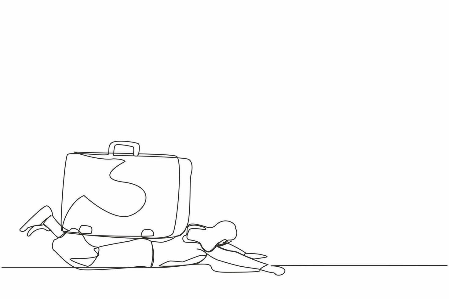 Continuous one line drawing unhappy businesswoman under heavy briefcase burden. Difficulty business task. Pressure workload. Anxiety from work and overload. Single line draw design vector illustration