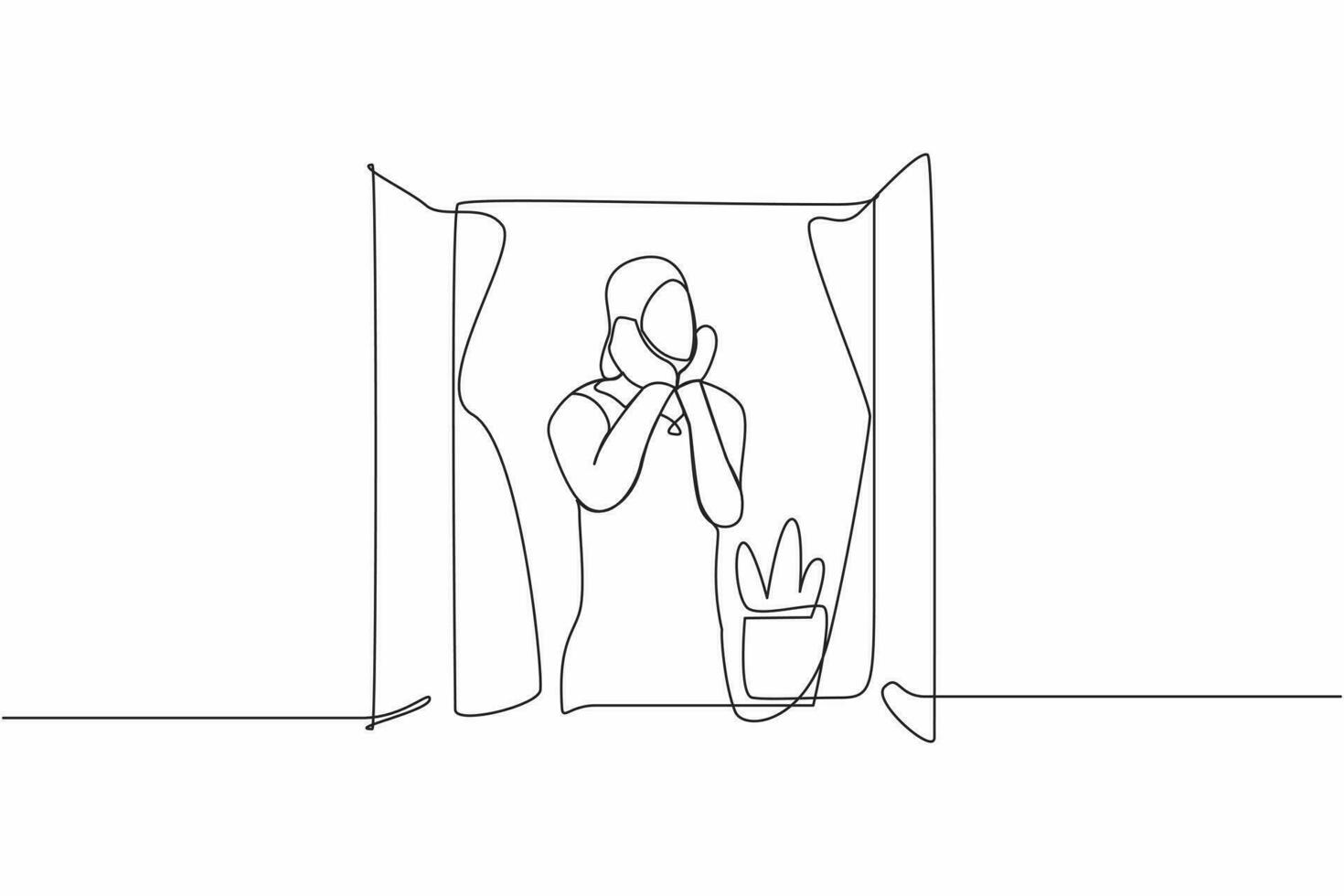 Single one line drawing sad Arab woman sitting near the window with support the chin. Pandemic impact in business, economic recession, market crash. Continuous line design graphic vector illustration