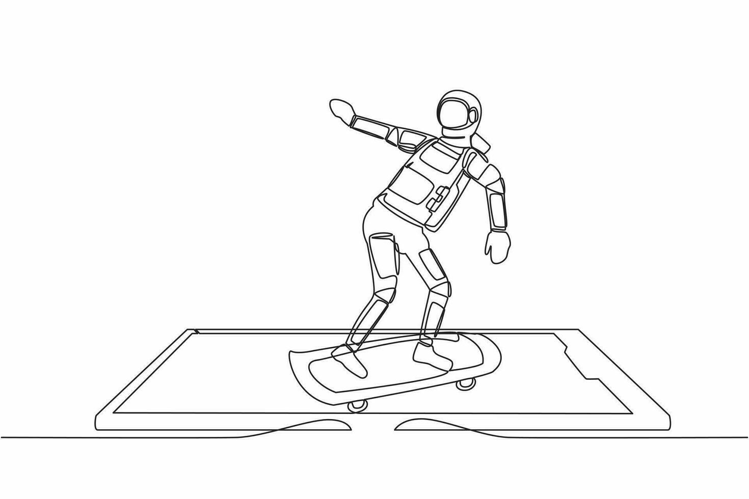 Continuous one line drawing young astronaut riding skateboard on smartphone screen. Stylish male skater in spacesuit outfit. Cosmonaut outer space. Single line draw graphic design vector illustration