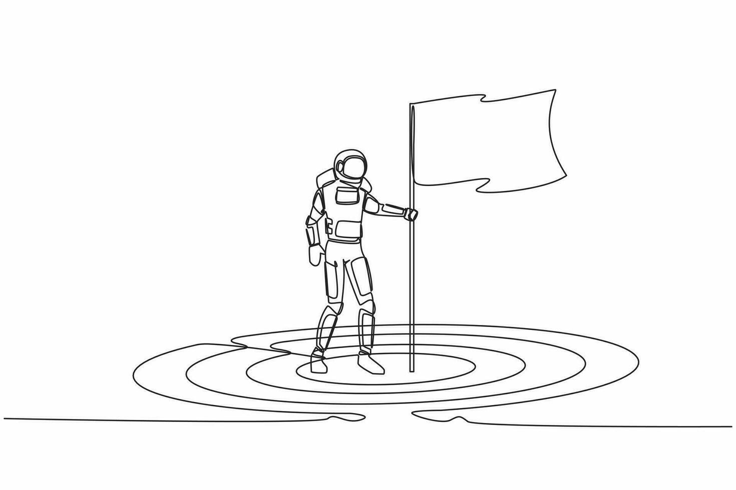 Single continuous line drawing astronaut plant flag in center of target board with arrow. Spaceman ensure space expedition goals. Cosmonaut deep space. One line draw graphic design vector illustration