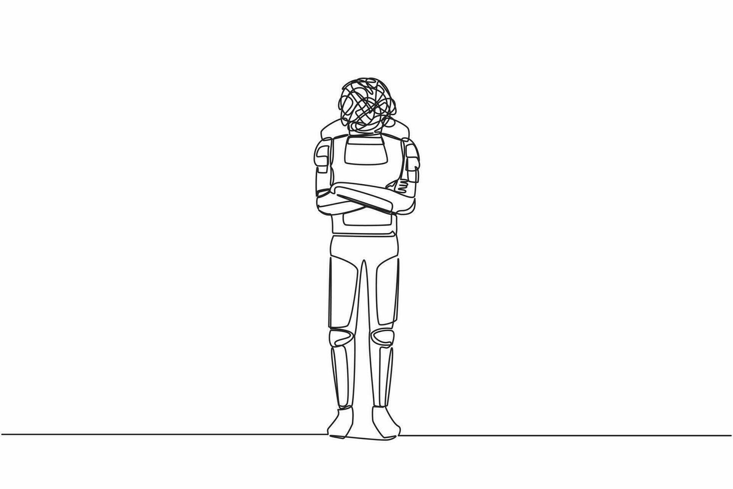 Single one line drawing young astronaut with round scribble instead of head, standing with folded arm pose in moon surface. Cosmic galaxy space. Continuous line draw graphic design vector illustration