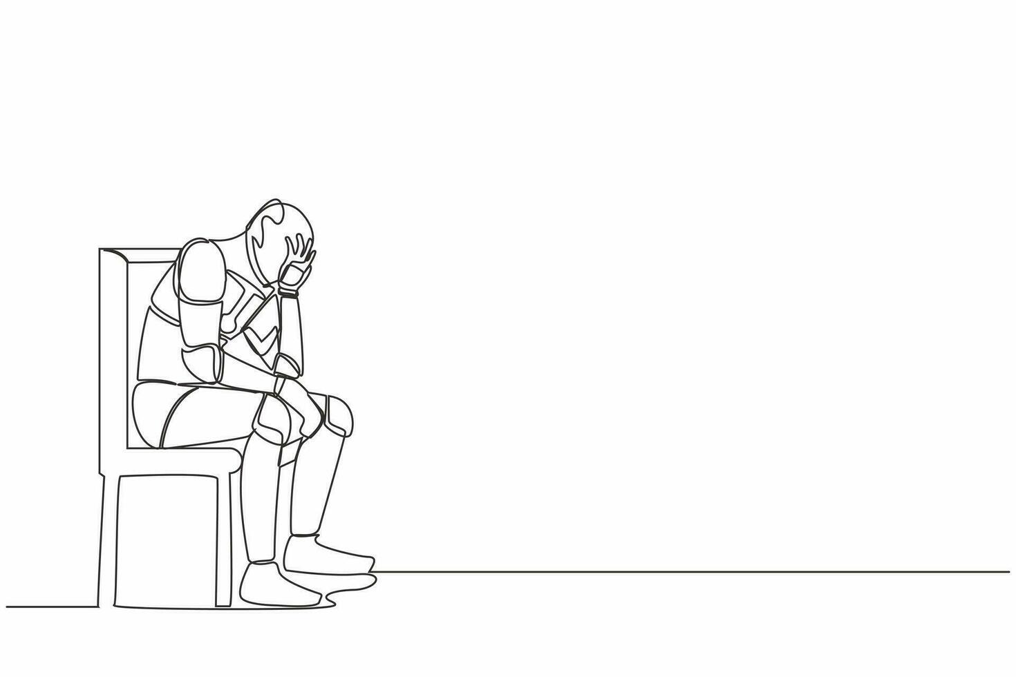 Continuous one line drawing robot hold his head sitting on chair. Regret on mistake, frustration, depressed. Humanoid cybernetic organism. Future robotic. Single line draw design vector illustration