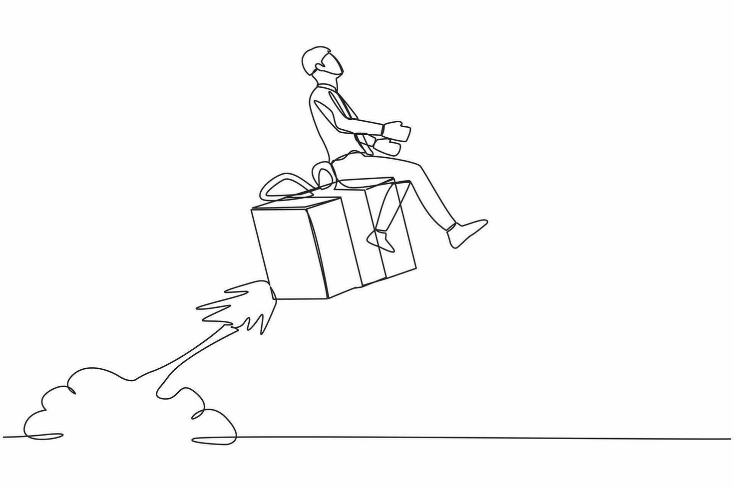 Single one line drawing businessman riding gift box rocket flying in the sky. Fast shipping or delivery concept. Cardboard box for moving and packaging. Continuous line draw design vector illustration