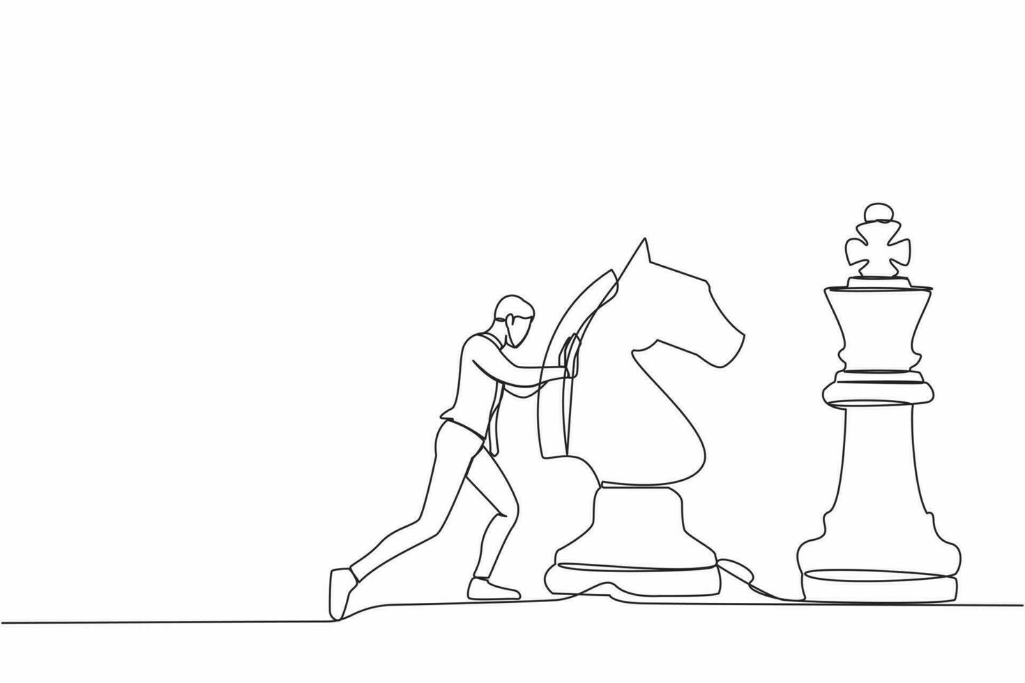 Continuous one line of drawing active businessman push huge horse chess piece to beat king. Strategic thinking and smart move in business play game. Single line draw design vector graphic illustration