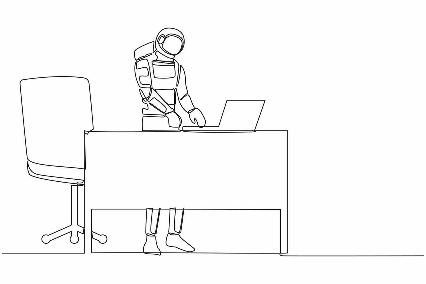Continuous one line drawing of smart young astronaut standing and working behind office desk. Planning for rocket launch project. Cosmonaut outer space. Single line graphic design vector illustration