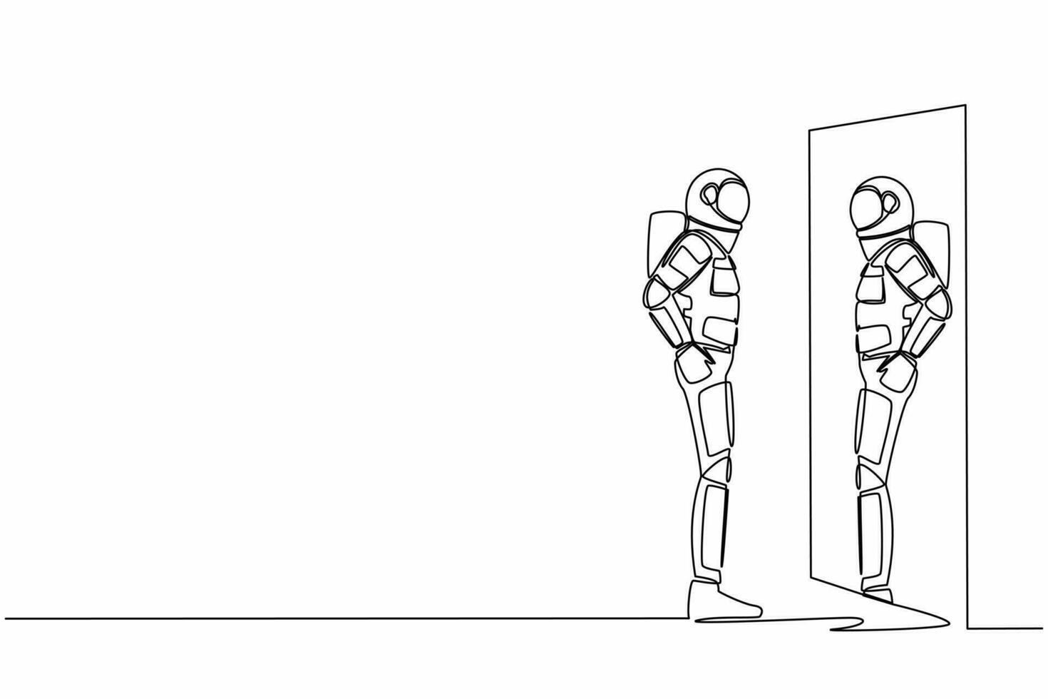 Single one line drawing astronaut looks himself in mirror. Spaceman looking at his reflection in mirror and evaluating spacesuit. Cosmic galaxy space. Continuous line draw design vector illustration