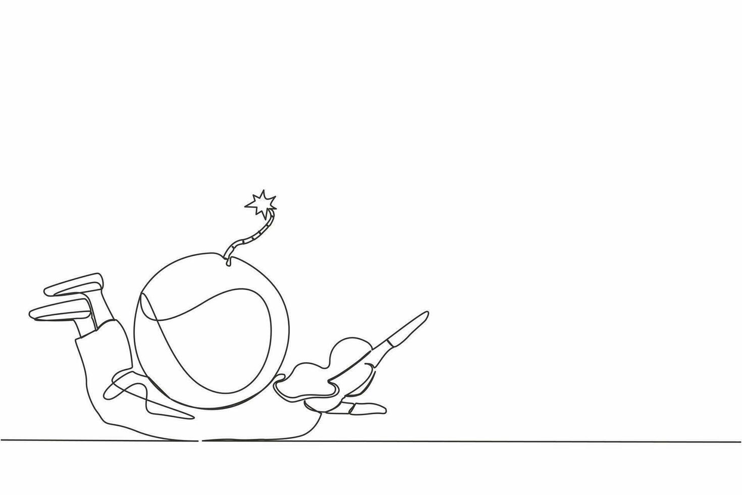 Single one line drawing Arabian businesswoman under heavy bomb burden. Entrepreneur stress due to debt explosion. World economic crisis problem. Continuous line draw design graphic vector illustration
