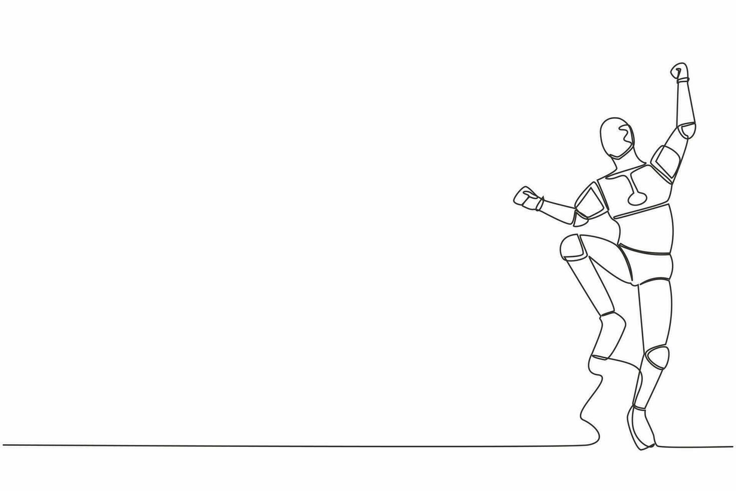 Single one line drawing happy robot jump with folds one leg and raises one hand. Winning business project. Artificial intelligence. Technology industry. Continuous line draw design vector illustration