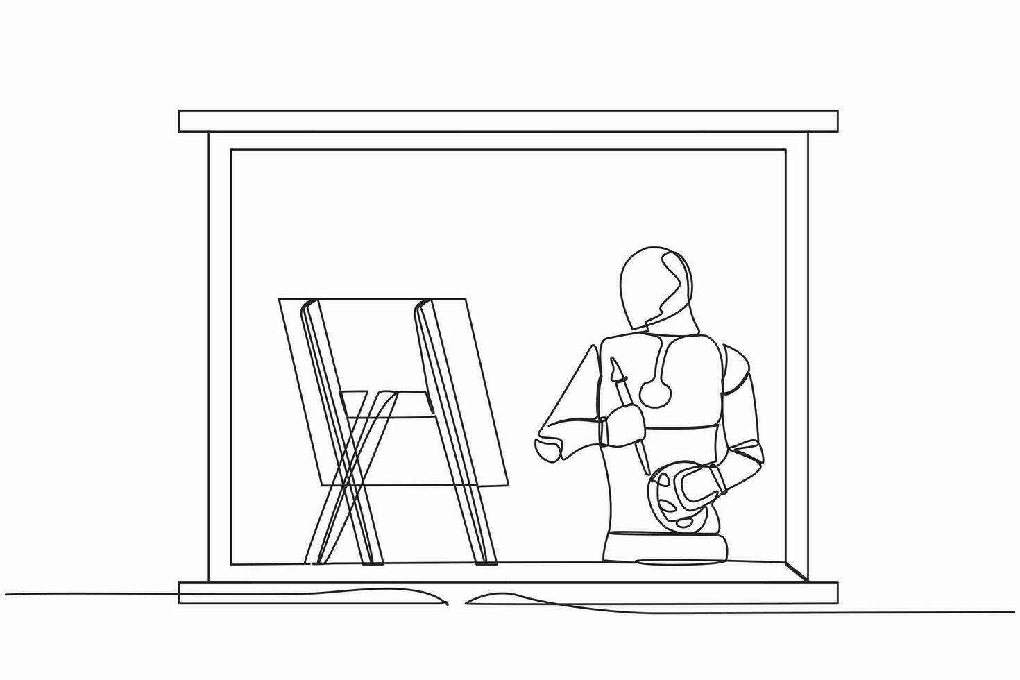 Single continuous line drawing robot  painter drawing indoor near window, holding paint brush and palette, sketching on canvas. Future technology development. One line draw design vector illustration