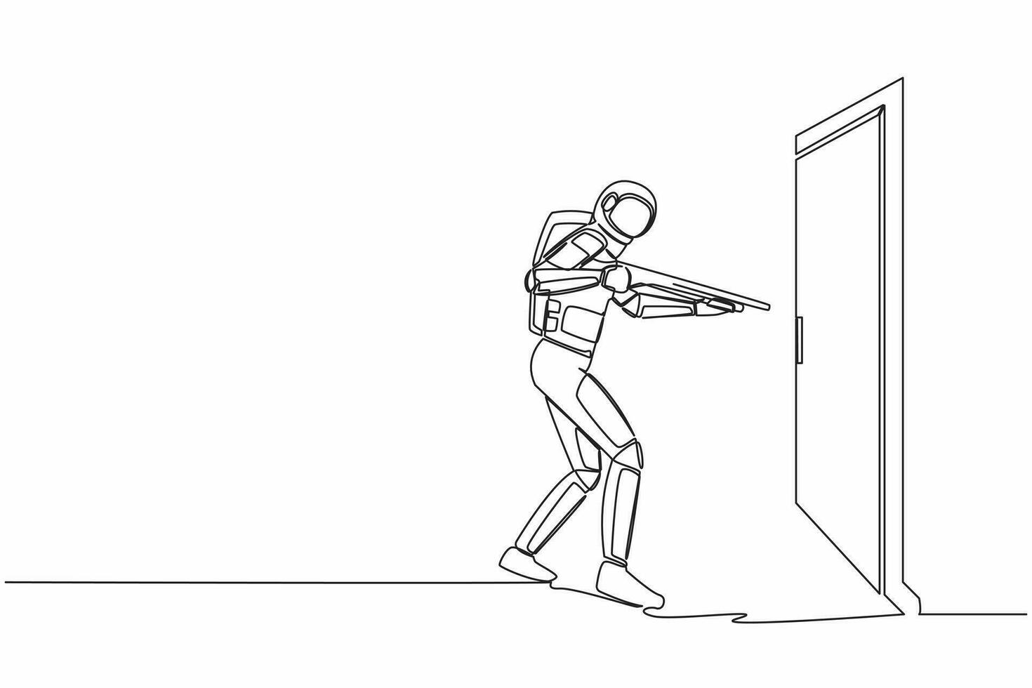 Single one line drawing of young astronaut pointing shotgun at doorknob. Space business breakthrough struggle. Power to succeed. Cosmic galaxy space. Continuous line graphic design vector illustration
