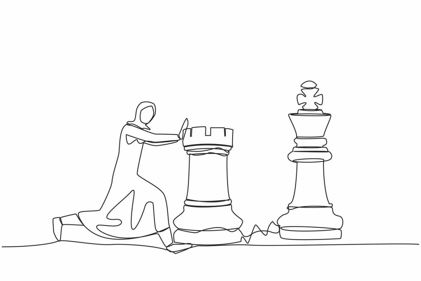Single one line drawing Arabian businesswoman push huge rook chess piece to beat king. Business strategy to winning market competition. Strategic move. Continuous line draw design vector illustration