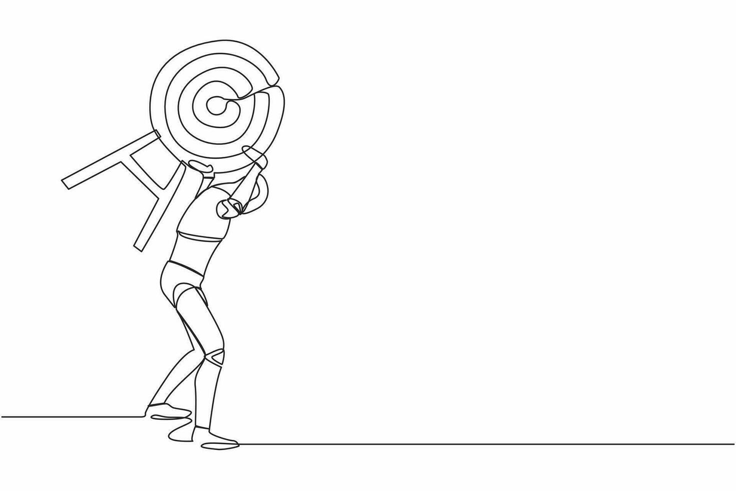 Single one line drawing tired robot carrying heavy target on his back. Exhausted to achieve, win business competition. Future technology development. Continuous line graphic design vector illustration