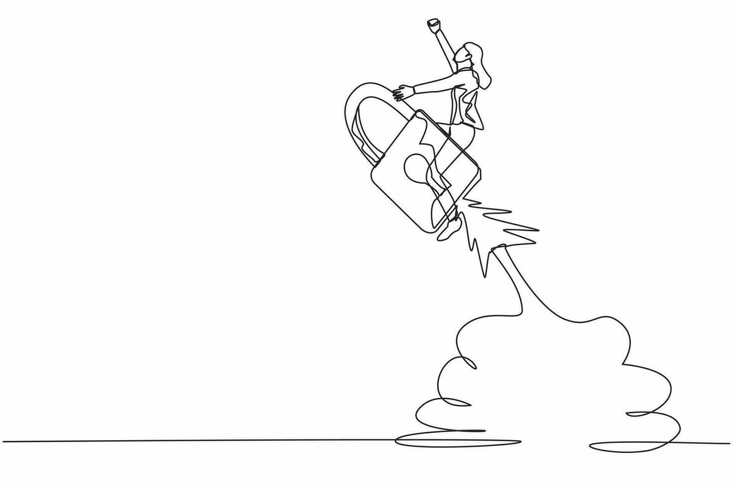 Single continuous line drawing businesswoman riding padlock rocket flying in the sky. Increasing startup business protection. Guarding cash flow of money. One line graphic design vector illustration