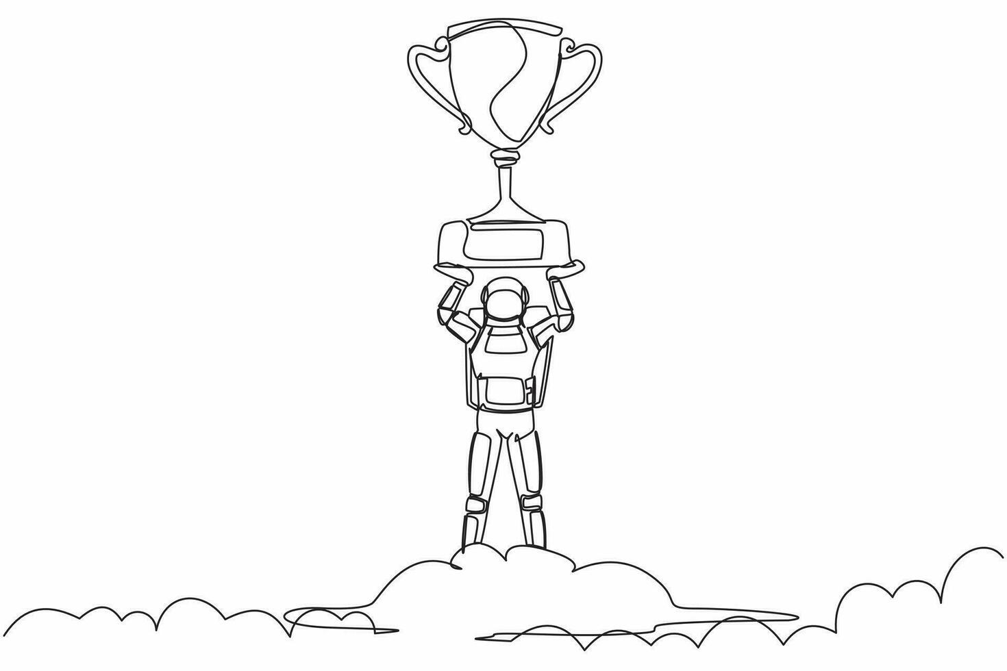 soltero uno línea dibujo joven astronauta participación trofeo en nube. celebrar victoria en cielo. exitoso astronave expedición. cósmico galaxia espacio. continuo línea dibujar gráfico diseño vector ilustración