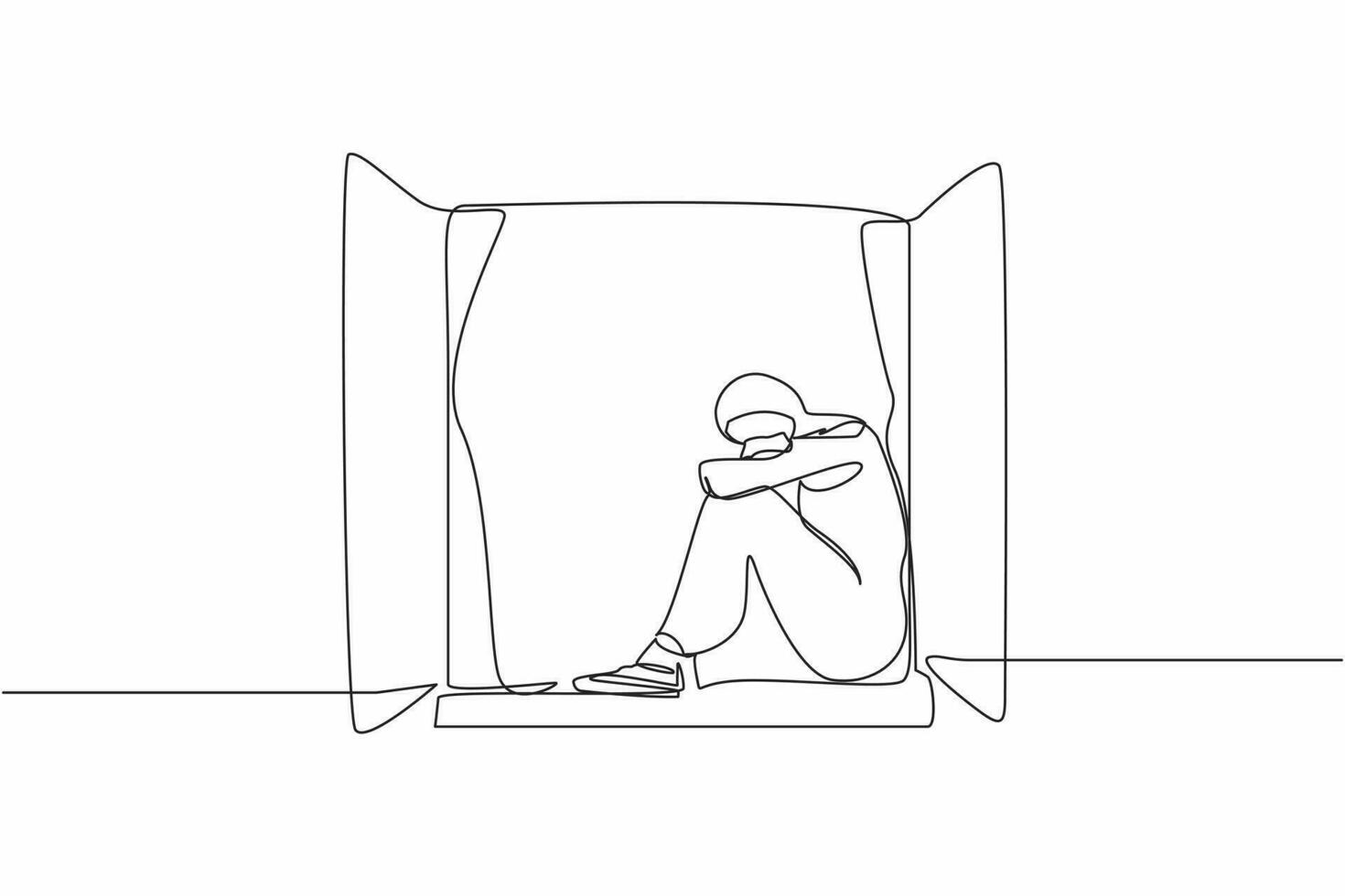 Single one line drawing desperate young Arab woman sitting on windowsill. Upset, depression, stress, melancholy, despair, frustration, life problems. Continuous line design graphic vector illustration