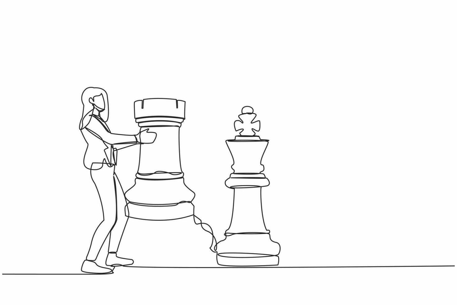 Single continuous line drawing businesswoman holding rook chess piece. Strategic planning, business development strategy, tactics in entrepreneurship. One line draw graphic design vector illustration