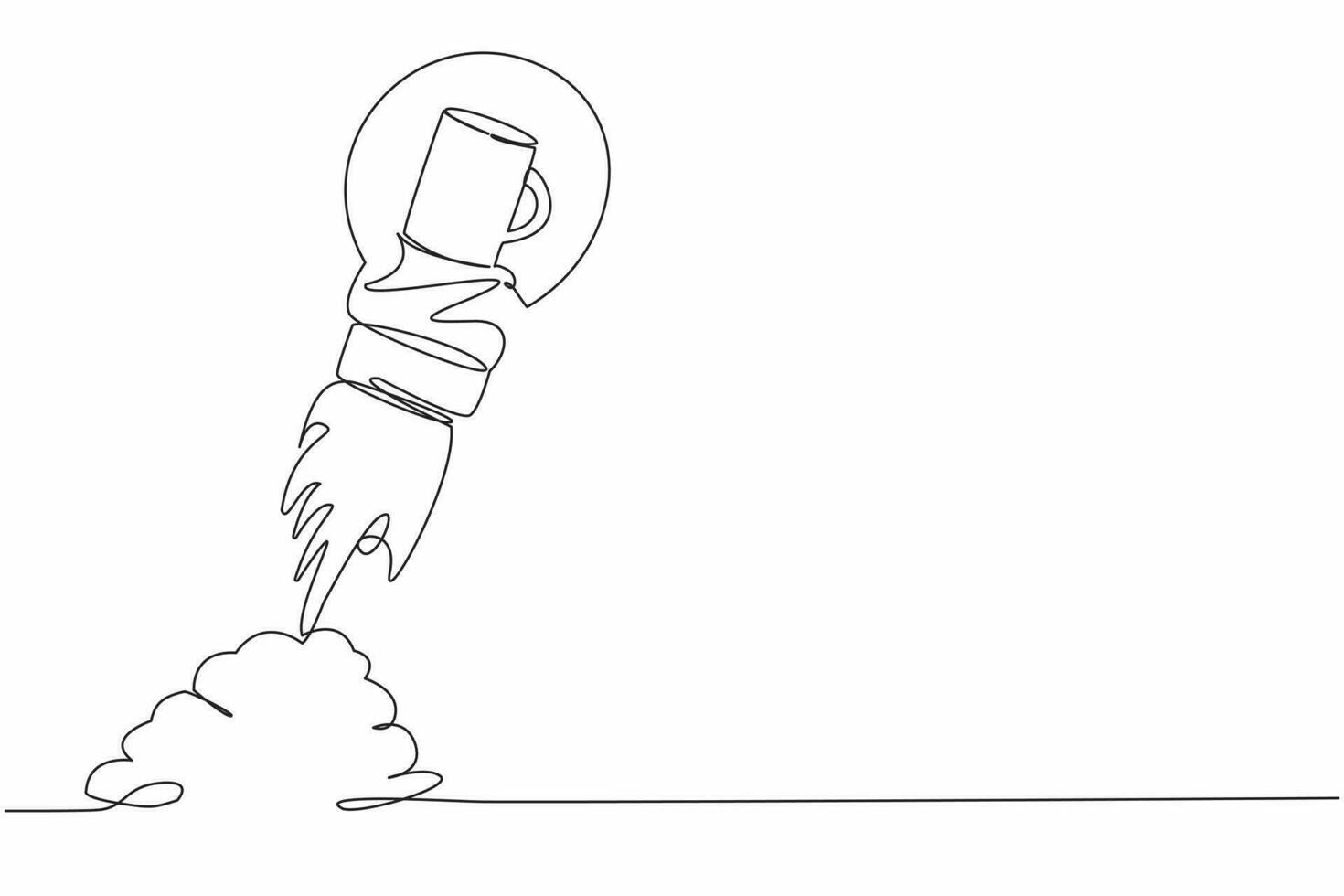 Continuous one line drawing of tea cup launching with light bulb. Rocket launch symbolizing an invigorating drink. Cafeteria or restaurant improvisation. Single line design vector graphic illustration