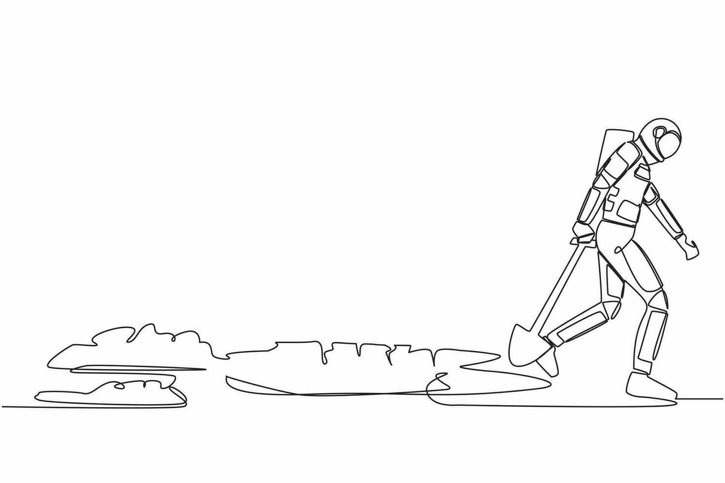 Continuous one line drawing young astronaut walking unsteadily leaving hole dug and dragging shovel. Gave up in moon exploration. Cosmonaut outer space. Single line graphic design vector illustration