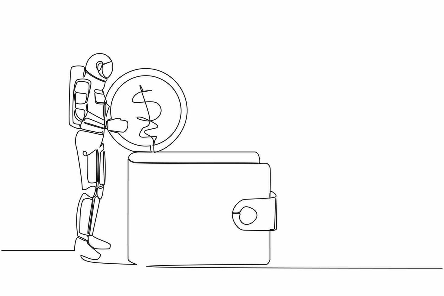 Single one line drawing of young astronaut putting dollar coin into big wallet. Saving money for space galactic expedition. Cosmic galaxy space. Continuous line draw graphic design vector illustration