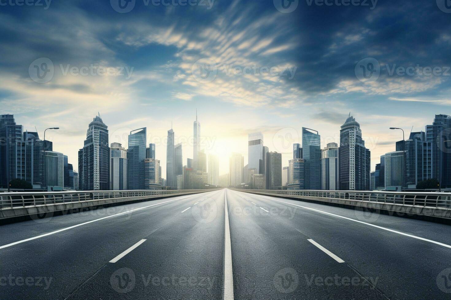 Autopista y el moderno ciudad horizonte ai generativo foto