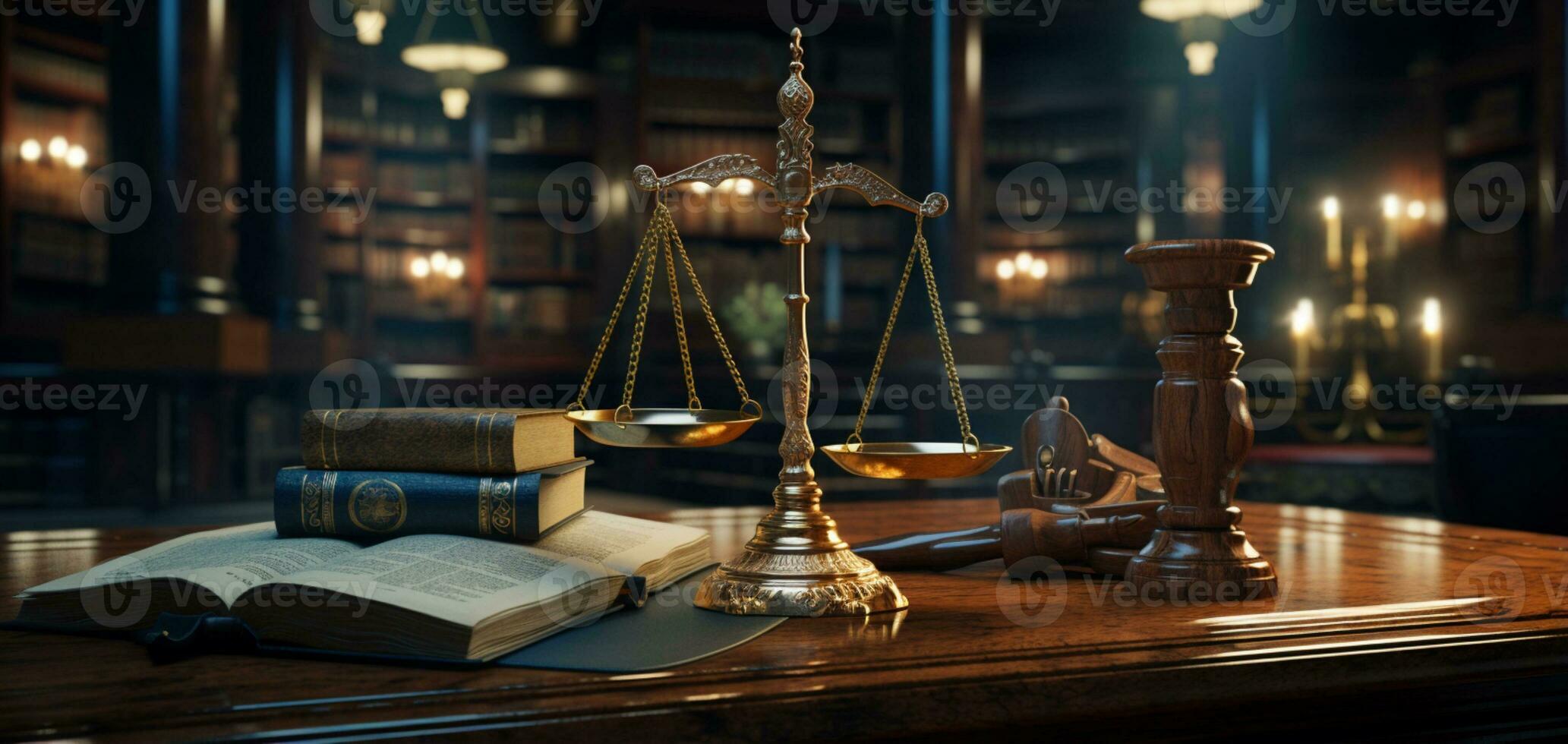 3d rendered Law legal system justice crime concept mallet gavel hammer and scales on table ai generative photo