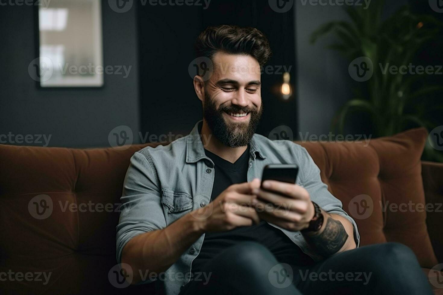 Man browsing smartphone in living room ai generative photo
