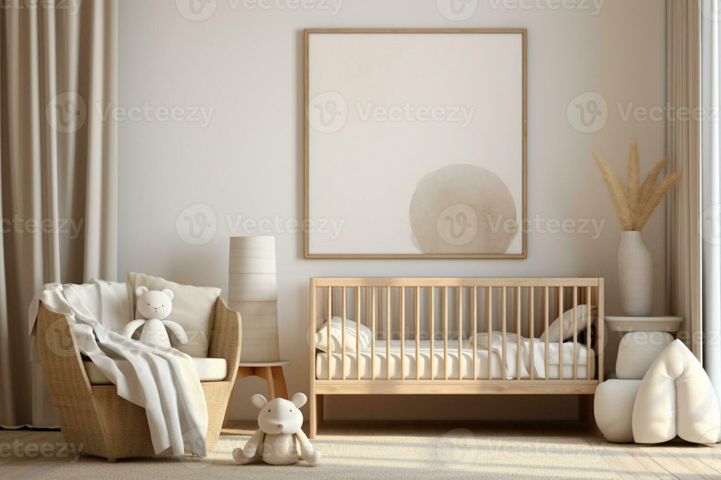 Mock up frame in children room with natural wooden furniture, Farmhouse style interior background, 3D render ai generative photo