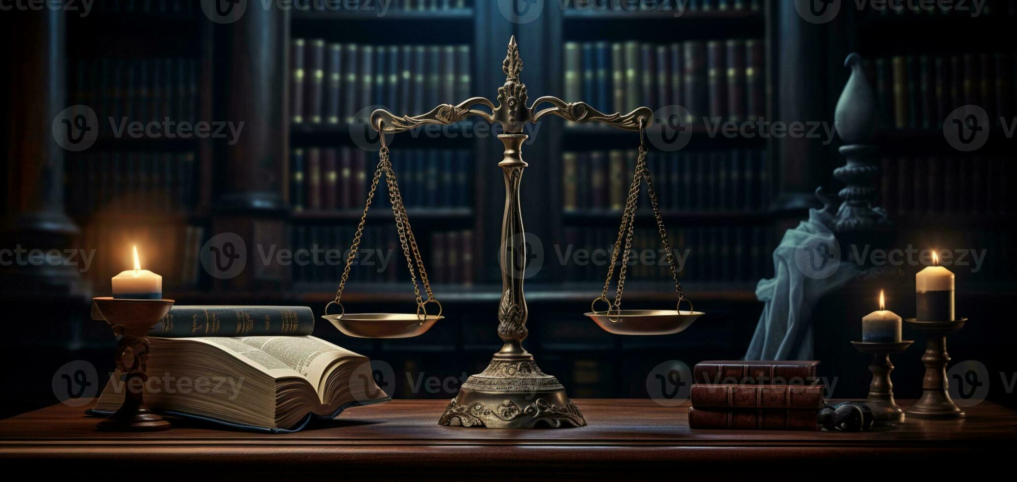 3d rendered Law legal system justice crime concept mallet gavel hammer and scales on table ai generative photo