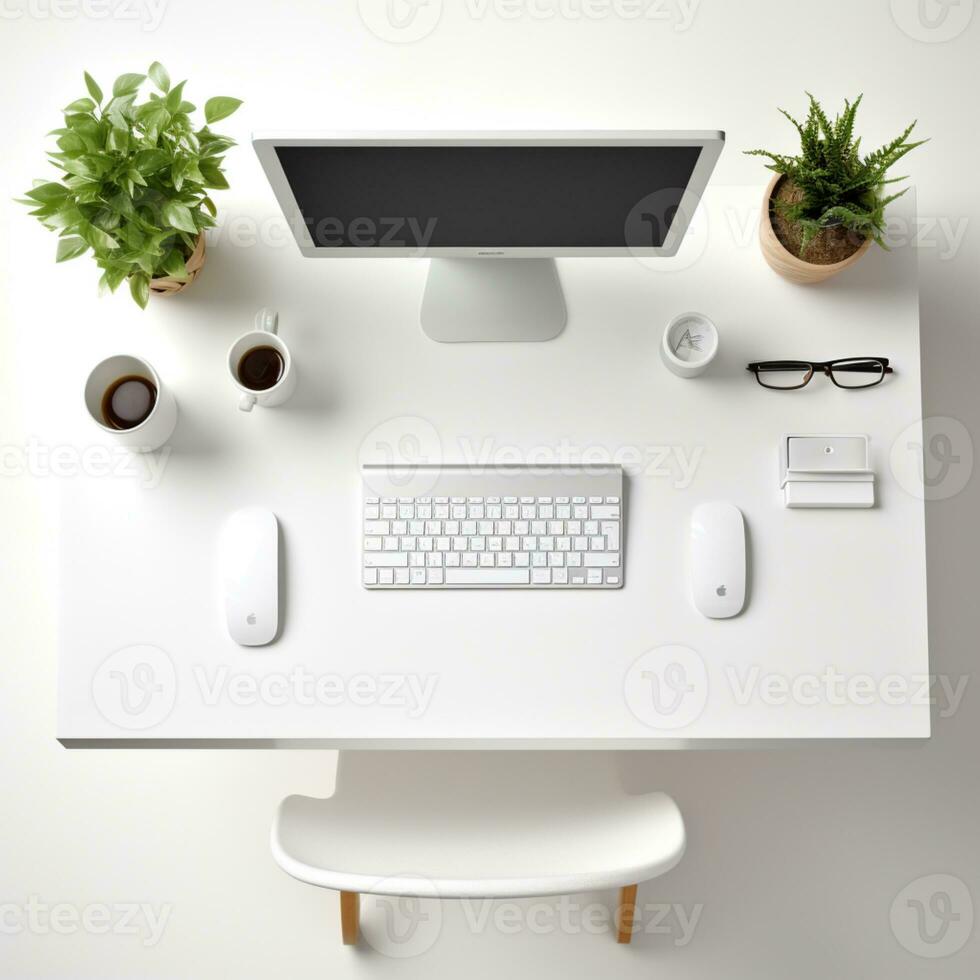parte superior ver de 3d prestados blanco oficina mesa silla y ordenador portátil moderno interior ai generativo foto