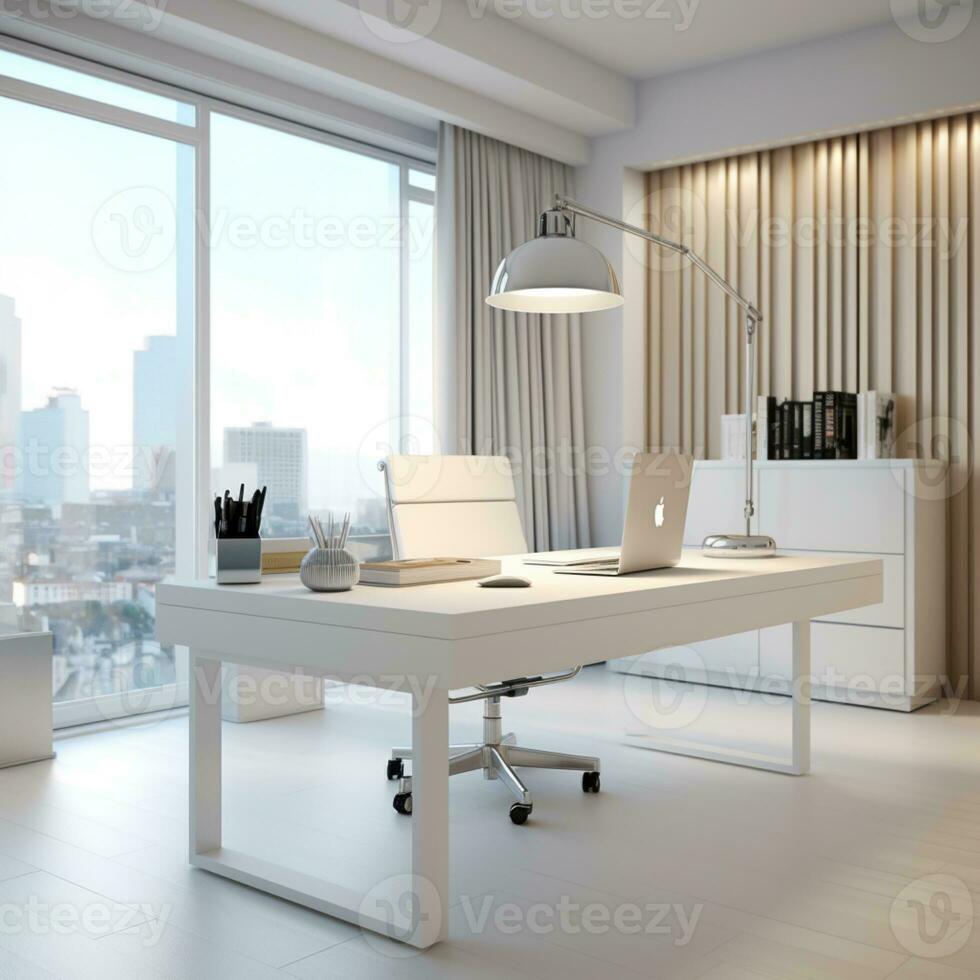 3d rendered white office table chair and laptop pc modern interior ai generative photo
