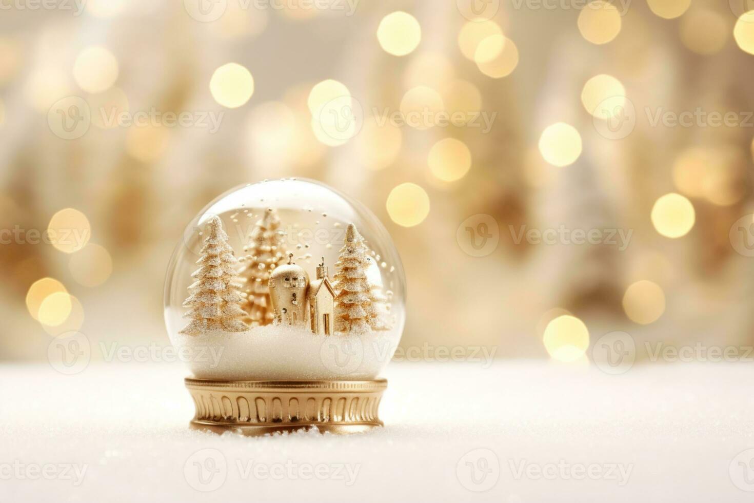Christmas white decorations on snow with fir tree branches and christmas lights winter decoration ai generative photo