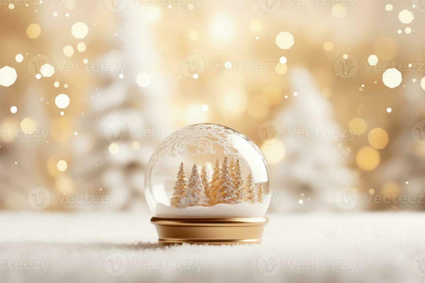 Christmas white decorations on snow with fir tree branches and christmas lights winter decoration ai generative photo