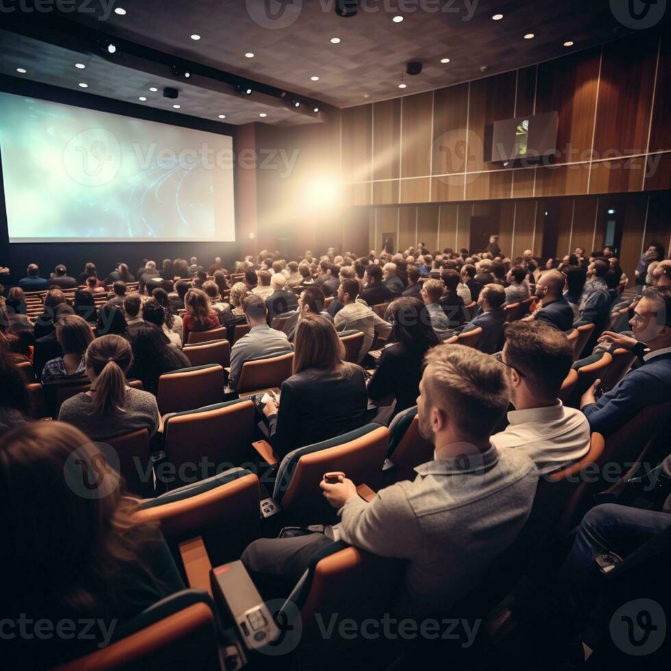 Rear side of audiences sitting and listening the speackers on the stage ai generative photo