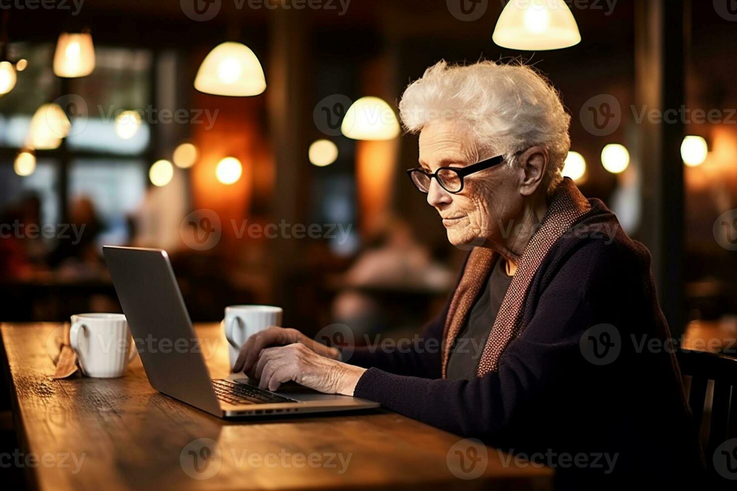 old mature woman using laptop in cafe ai generative photo