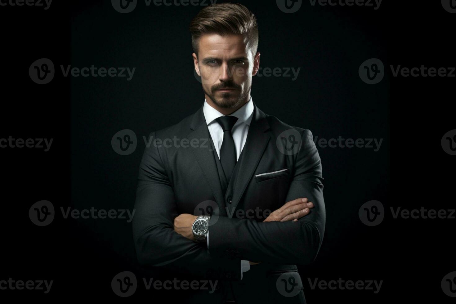 A business man stands against blackbackground with his arms crossed. ai generative photo