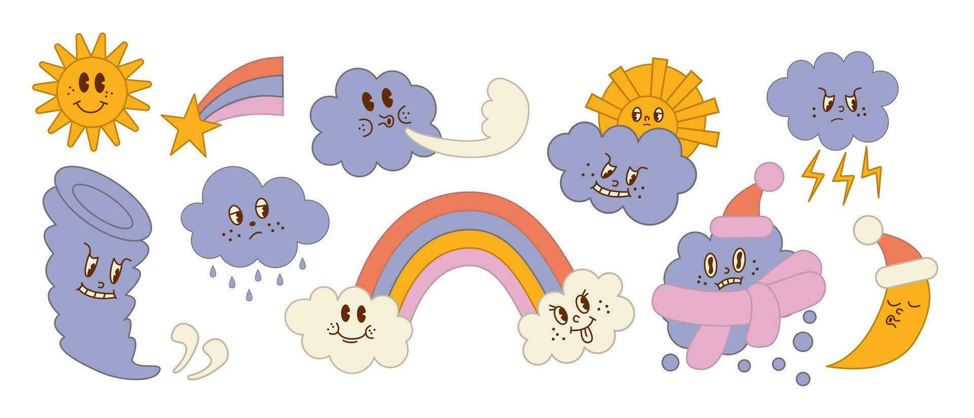 Meteorology and weather phenomenon. Weather flashcards for kids. Funny cartoon characters in trendy retro style. Flat vector illustration.