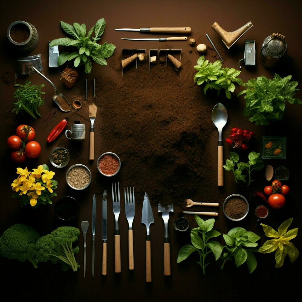 Top down view Gardening tools on fertile soil texture, illustrating spring planting concept For Social Media Post Size AI Generated photo