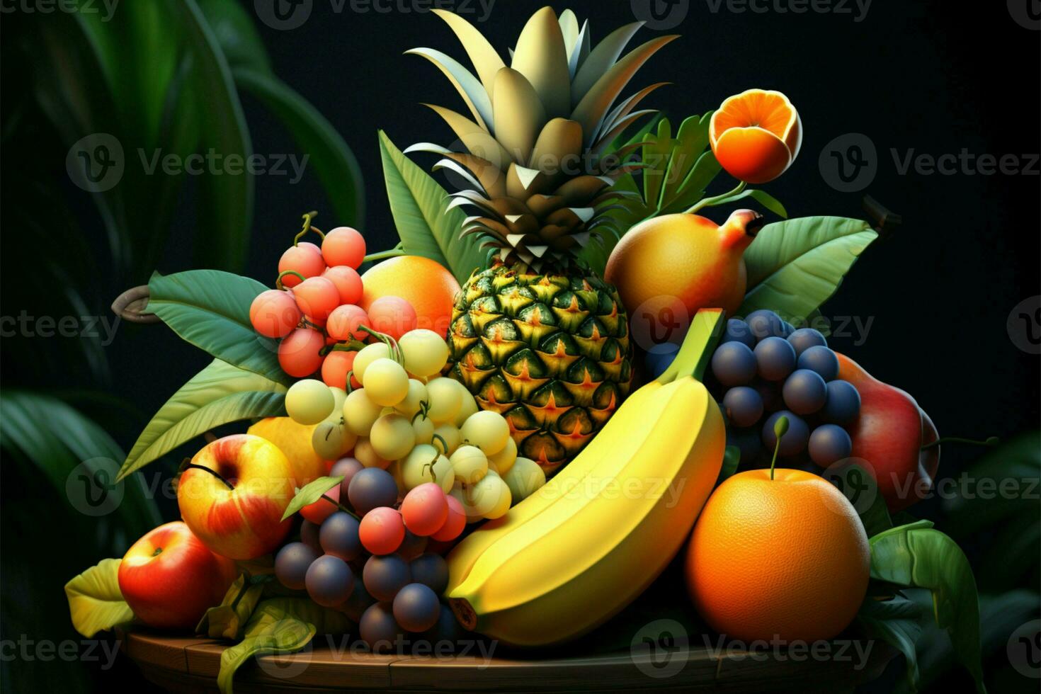 Iconic tropical fruits set in a vibrant jungle with captivating lighting AI Generated photo