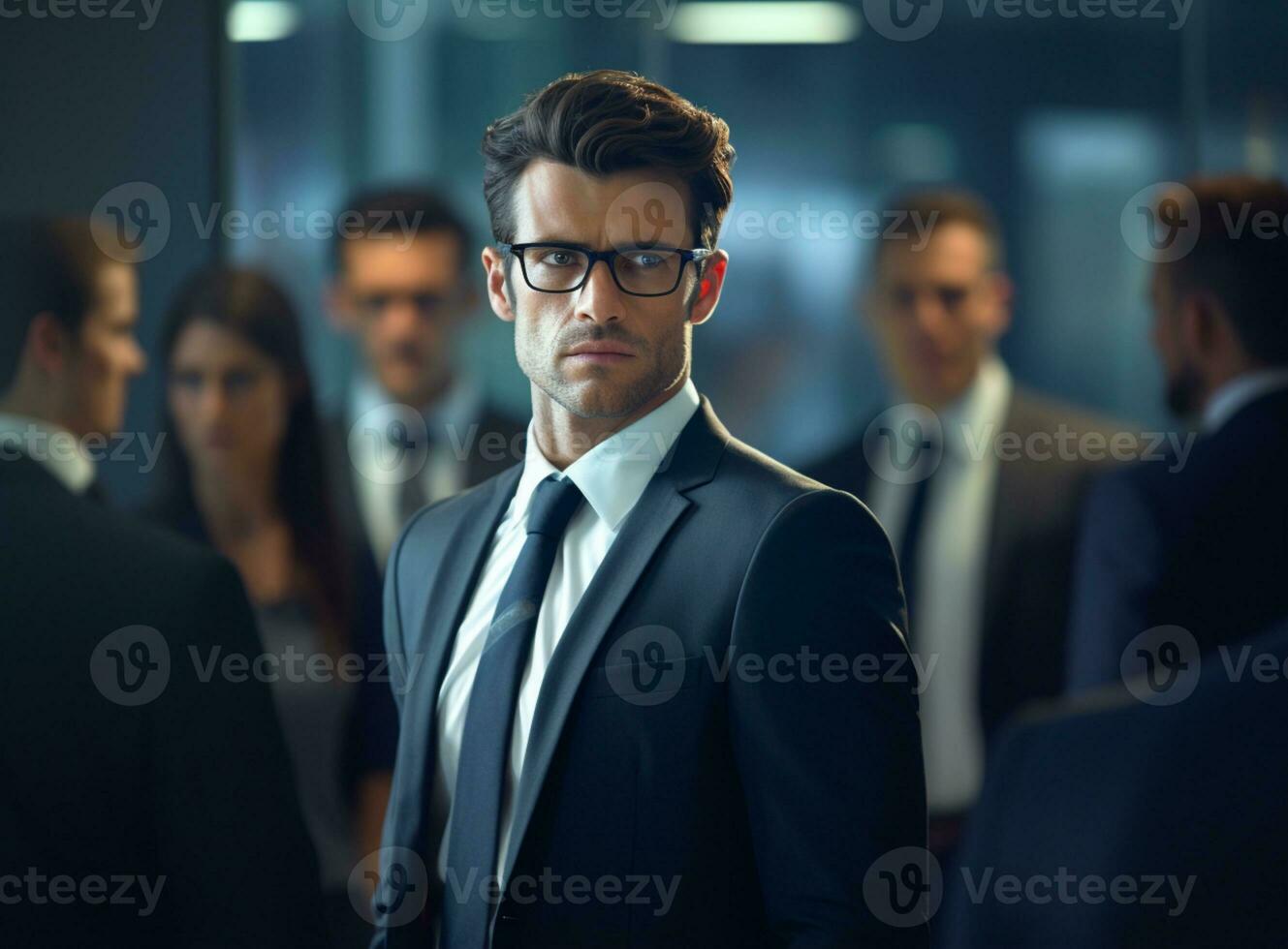 A man in a suit with glasses and a group of people in the background team leader concept ai generative photo