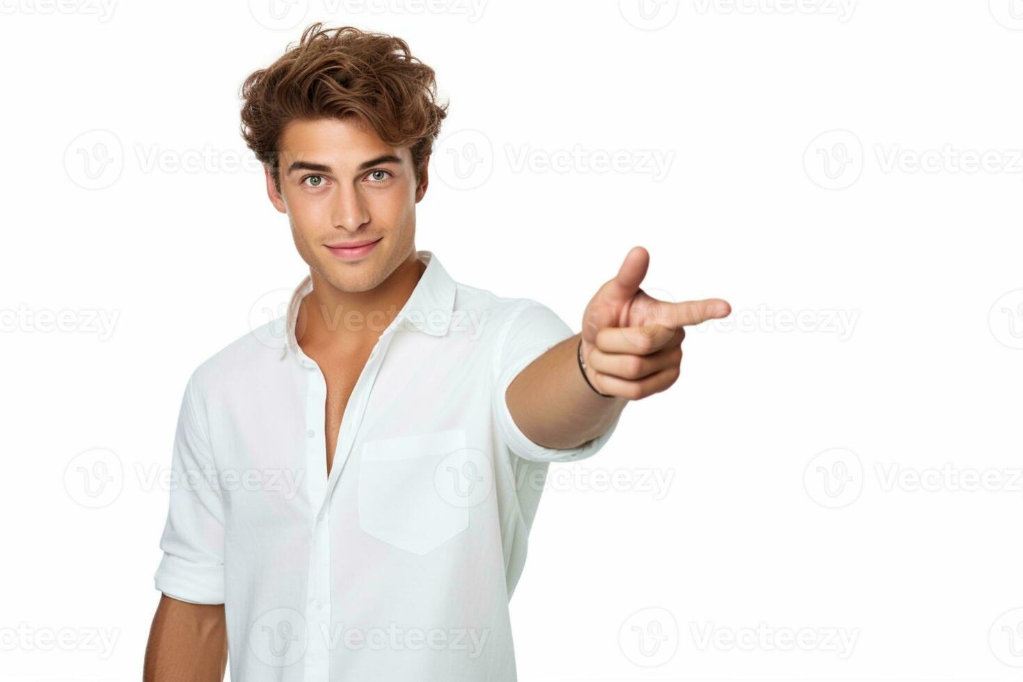 Enthusiastic businessman pointing finger and smiling on isolated white background ai generative photo
